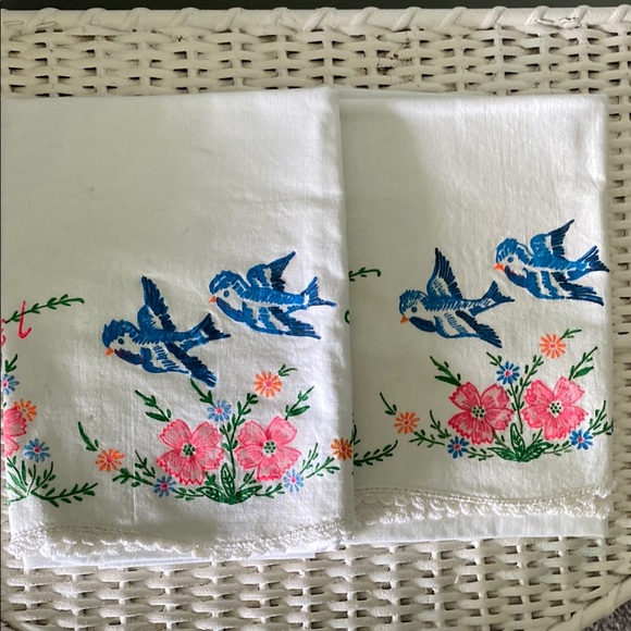 Other - Vintage Pair Of Fabric Painted Bluebird Of Happiness Pillow Cases!